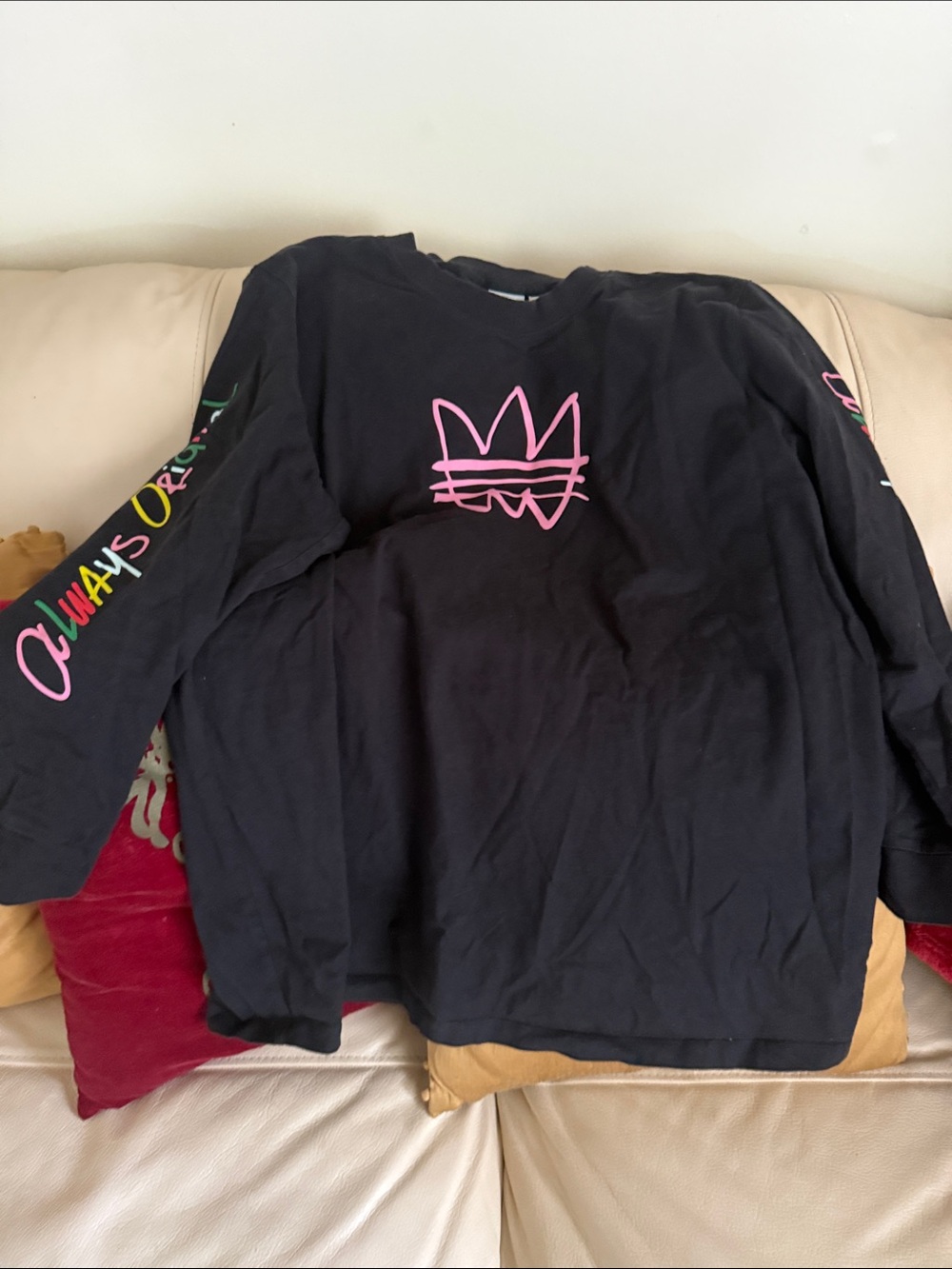 adidas Black Long-Sleeve Tee with Pink Logo and Multicolor Sleeve Script